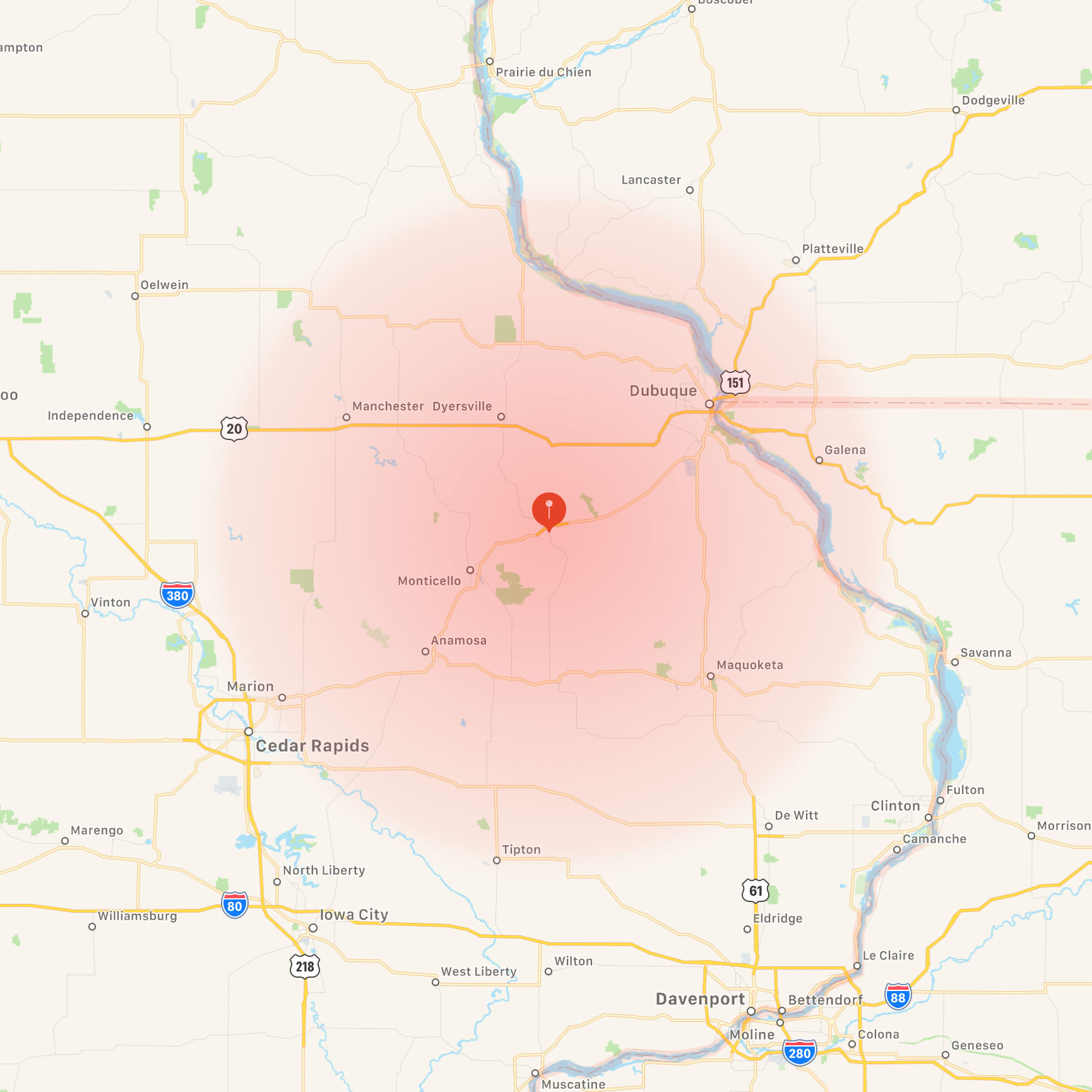 Moats Concrete Service Radius Map